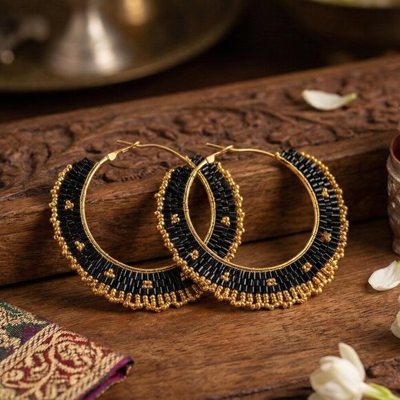 Indian Artisan Beaded Boho Chic Stylish Handmade Statement Hoop Earrings - Picture 6 of 13